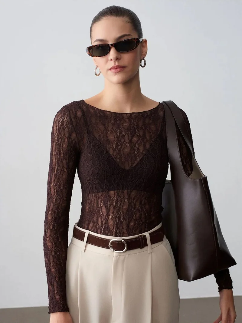 Dilvin DILVIN Slim Fit Lace Boat Neck Blouse