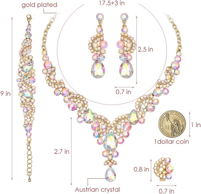 CSY Elegant Crystal Necklace Earrings Bracelet Ring Bridal Wedding Party Costume Jewelry Sets for Brides Women - Image 2