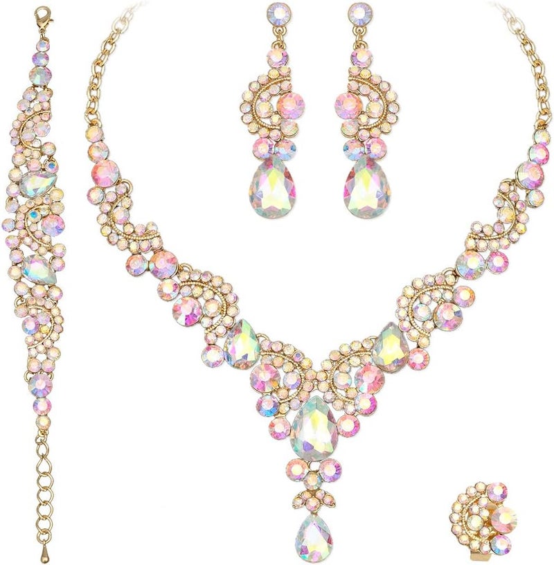 CSY Elegant Crystal Necklace Earrings Bracelet Ring Bridal Wedding Party Costume Jewelry Sets for Brides Women - Image 1