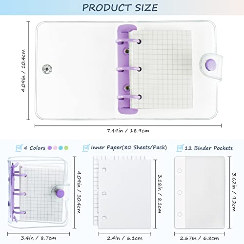 YETOOME 4 Pack Mini Transparent 3 Ring Binder Covers with Inner Paper and Pockets Clear Soft PVC Notebook Closure Loose Leaf Folder Round Ring Binder Cover Protector with Snap Button - Image 2
