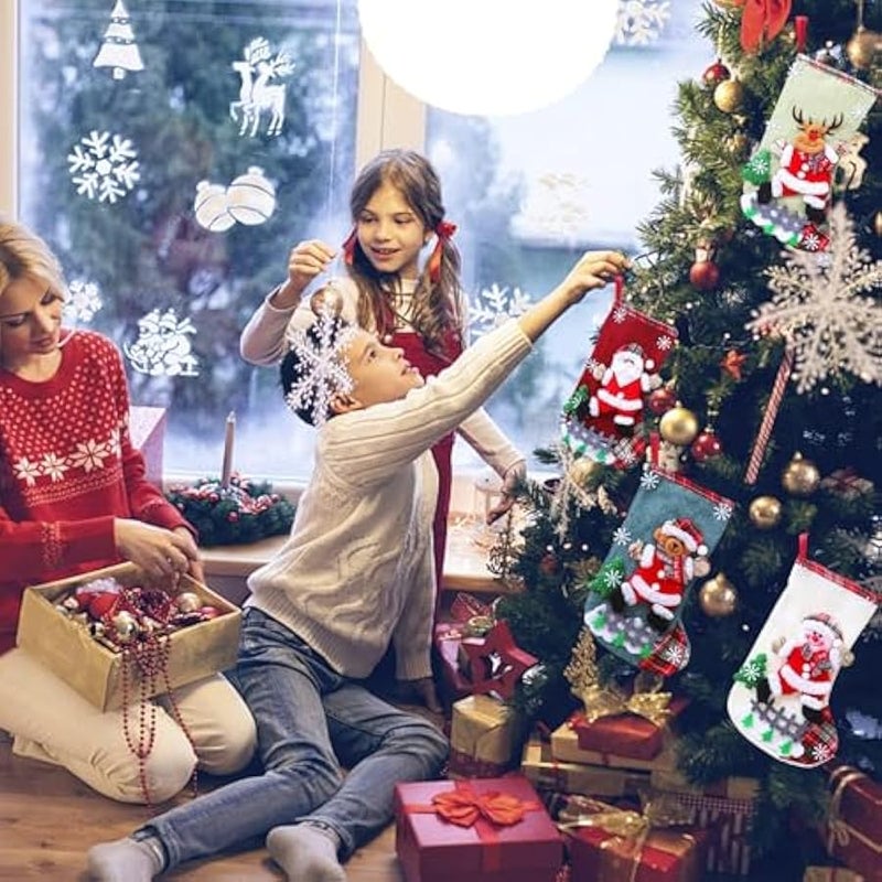 Loquat 4pcs  Stocking,classic large stockings Santa, Snowman, Reindeer,Bear, Hanging Socks Family Holiday  Party Decorations  Tree Decorations (Linen-L-4Pcs) - Image 3