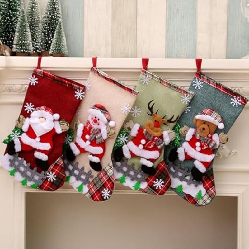 Loquat 4pcs  Stocking,classic large stockings Santa, Snowman, Reindeer,Bear, Hanging Socks Family Holiday  Party Decorations  Tree Decorations (Linen-L-4Pcs) - Image 1