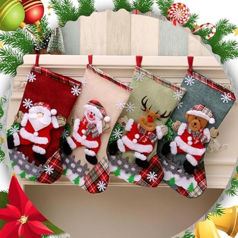 Loquat 4pcs  Stocking,classic large stockings Santa, Snowman, Reindeer,Bear, Hanging Socks Family Holiday  Party Decorations  Tree Decorations (Linen-L-4Pcs) - Image 5