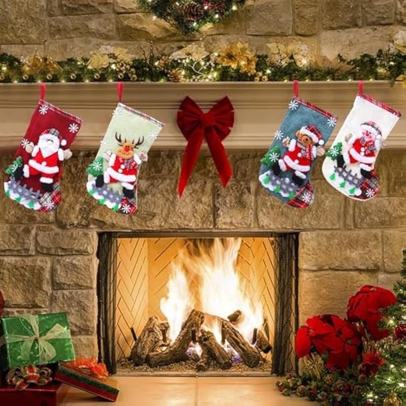 Loquat 4pcs  Stocking,classic large stockings Santa, Snowman, Reindeer,Bear, Hanging Socks Family Holiday  Party Decorations  Tree Decorations (Linen-L-4Pcs) - Image 4