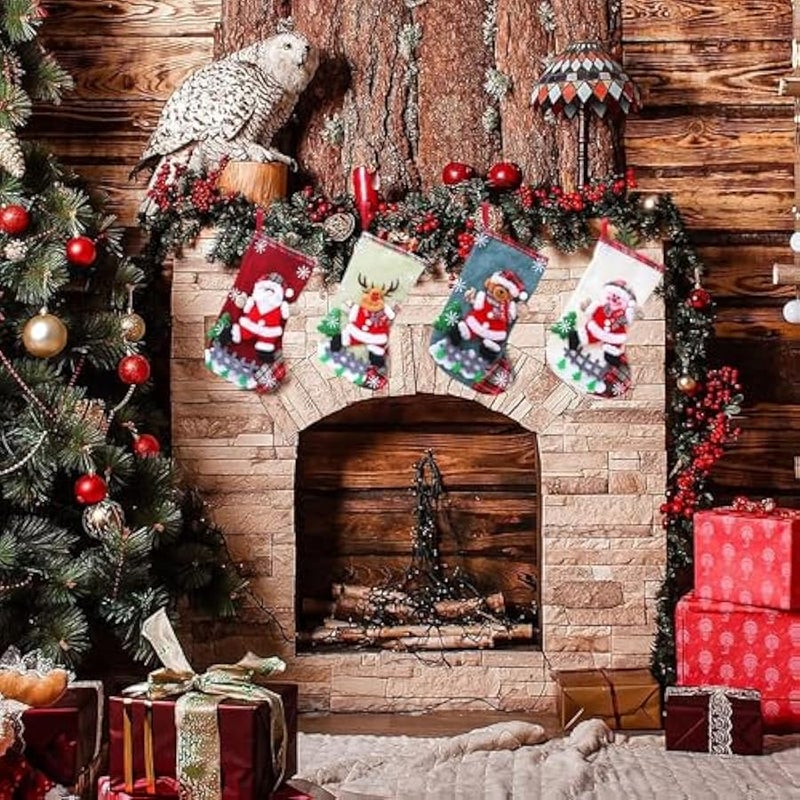 Loquat 4pcs  Stocking,classic large stockings Santa, Snowman, Reindeer,Bear, Hanging Socks Family Holiday  Party Decorations  Tree Decorations (Linen-L-4Pcs) - Image 2