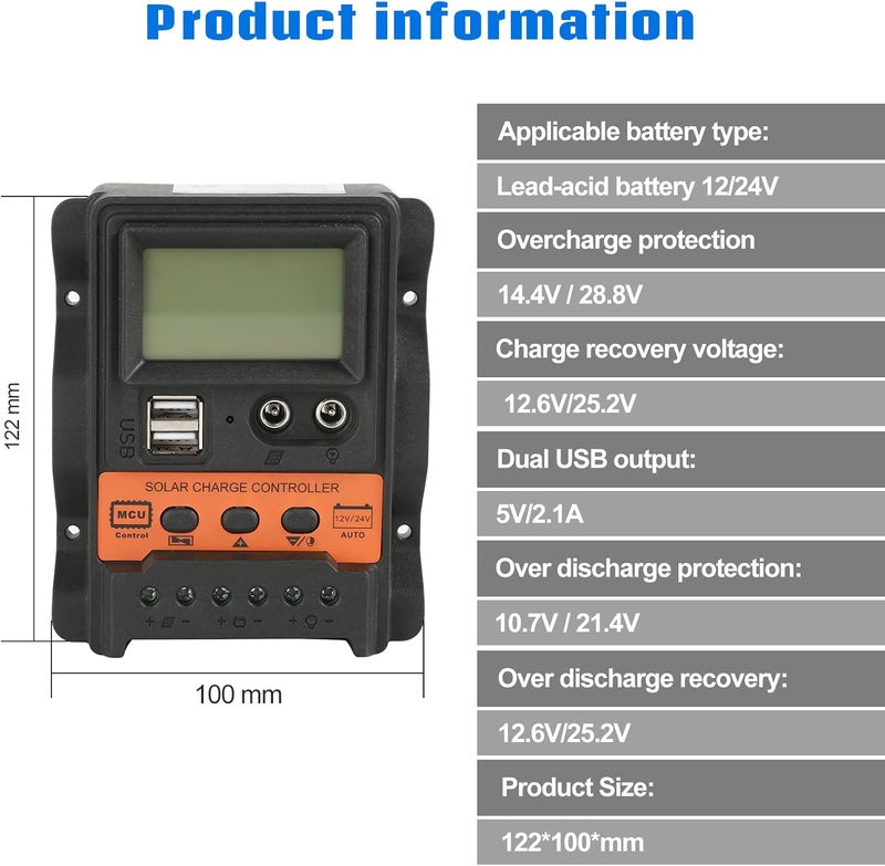 جايدشاي وحدة تحكم شحن شمسي، وحدة تحكم شحن PWM مع شاشة LCD 12V 24V 30A، وحدة تحكم شحن الألواح الشمسية، وحدة تحكم شحن شمسي PWM، مخرج USB مزدوج عالمي 5V - Image 5