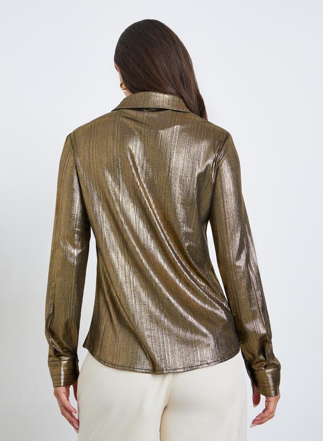 Styli Women Gold Textured Long Sleeve Shirt - Image 5