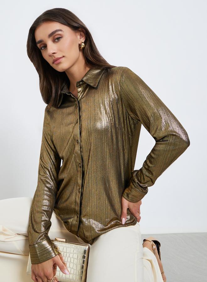 Styli Women Gold Textured Long Sleeve Shirt - Image 1