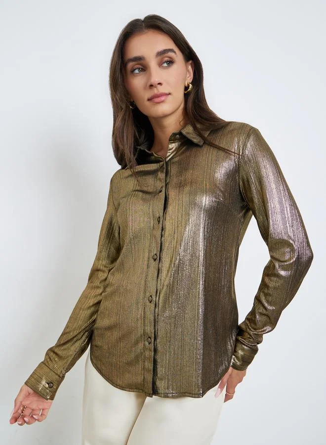 Styli Women Gold Textured Long Sleeve Shirt