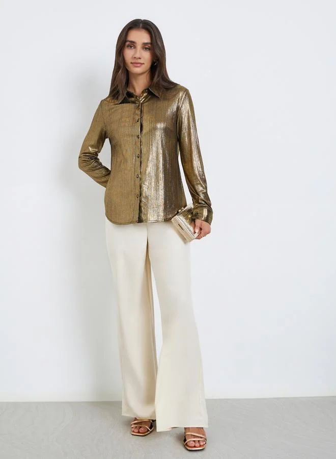 Styli Women Gold Textured Long Sleeve Shirt
