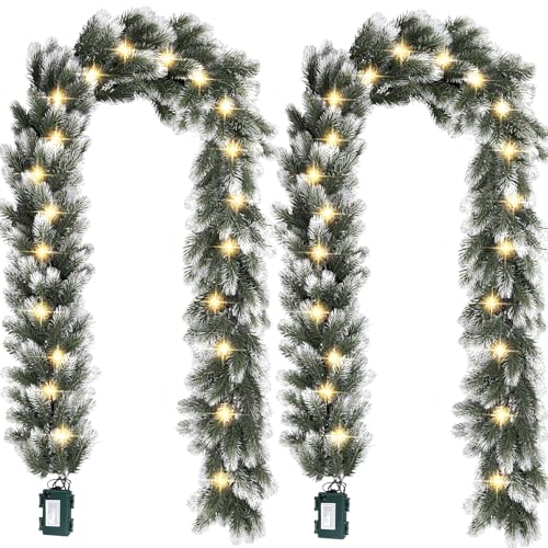 UZLU 2 Pack Pre Lit Snow Flocked Christmas Garland 6 ft Artificial Christmas Garland with Warm White 30 LED Light and Timer Frosted Faux Pine Winter Garland for Home Indoor Outdoor Mantel Seasonal Decor - Image 1