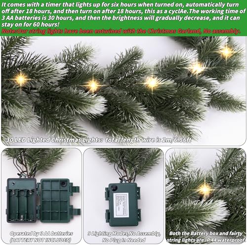 UZLU 2 Pack Pre Lit Snow Flocked Christmas Garland 6 ft Artificial Christmas Garland with Warm White 30 LED Light and Timer Frosted Faux Pine Winter Garland for Home Indoor Outdoor Mantel Seasonal Decor - Image 3