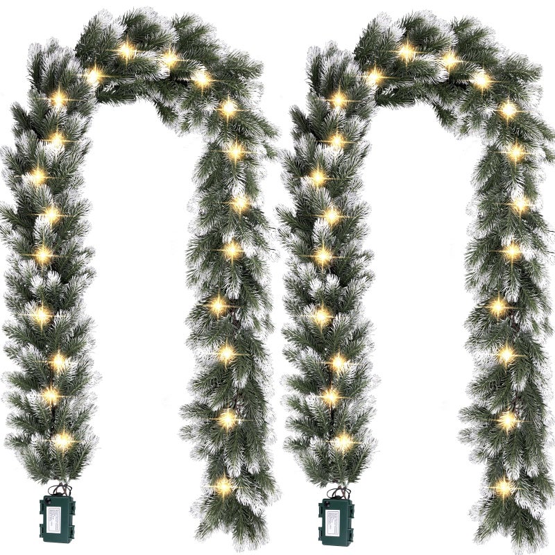 UZLU 2 Pack Pre Lit Snow Flocked Christmas Garland 6 ft Artificial Christmas Garland with Warm White 30 LED Light and Timer Frosted Faux Pine Winter Garland for Home Indoor Outdoor Mantel Seasonal Decor - Image 2