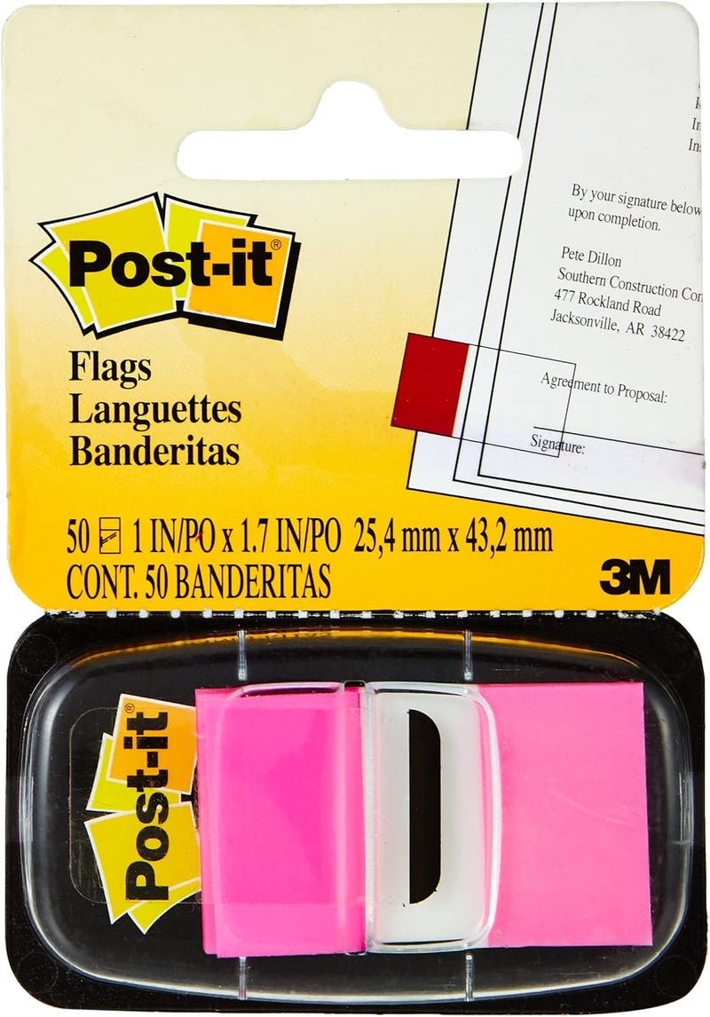 Post It Flags 1" Dispenser 1 x 1.7 in (25.4 x 43.2 mm) | Bright Pink Color | Mark, Highlight, Color Code, Organize files| No damage | Page Markers| Book Tabs| Sticky Index | 50 flags/pack - Image 1