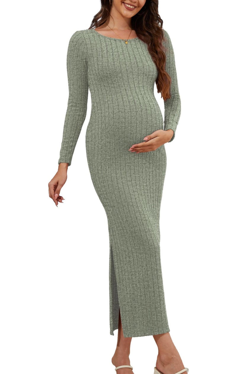 guruixu Ribbed Knit Maternity Maxi Dress Crewneck Long Sleeve Slim Fit Long Pregnancy Dress - Image 1