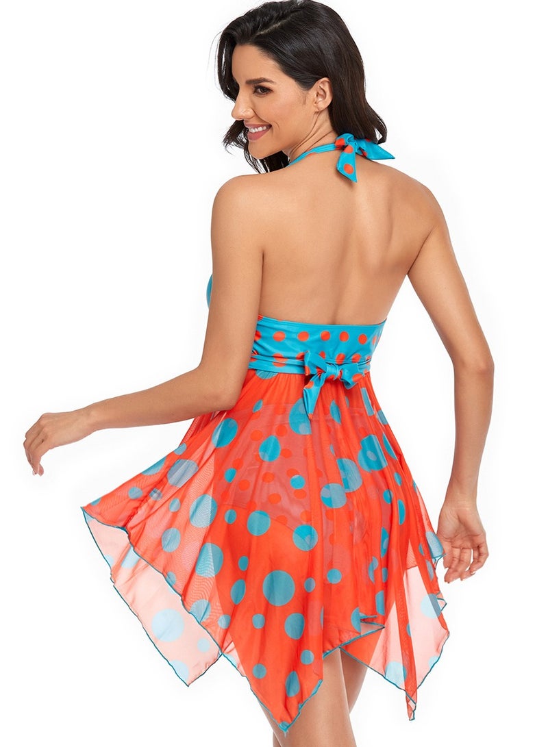 Womens Polka Dots 2 Peice Set Swimsuits V-Neck Halter Swim Dress And Thong Bottom Swimwear Bathing Suits Blue/Orange  - Image 4
