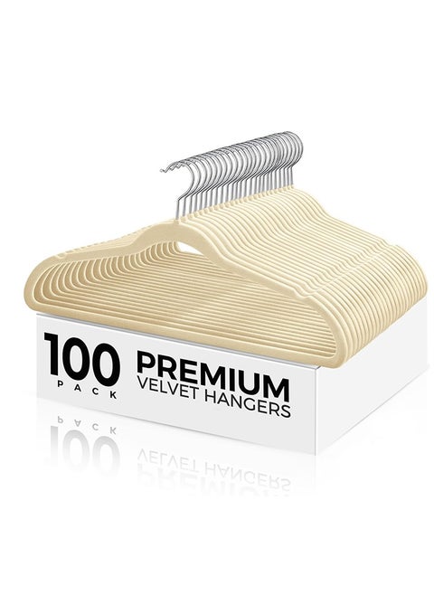 100 Beige High-Quality Velvet Hangers, Non-Slip Flocking Hangers, Sturdy Hangers, 360° Rotatable Hooks, Heavy-Duty and Durable Thin Hangers, Saving Wardrobe Space