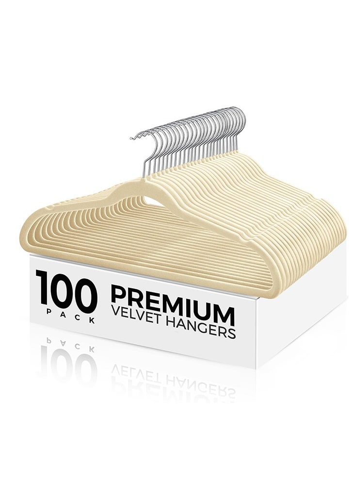 100 Beige High-Quality Velvet Hangers, Non-Slip Flocking Hangers, Sturdy Hangers, 360° Rotatable Hooks, Heavy-Duty and Durable Thin Hangers, Saving Wardrobe Space