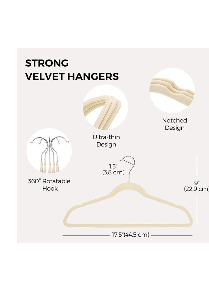 100 Beige High-Quality Velvet Hangers, Non-Slip Flocking Hangers, Sturdy Hangers, 360° Rotatable Hooks, Heavy-Duty and Durable Thin Hangers, Saving Wardrobe Space