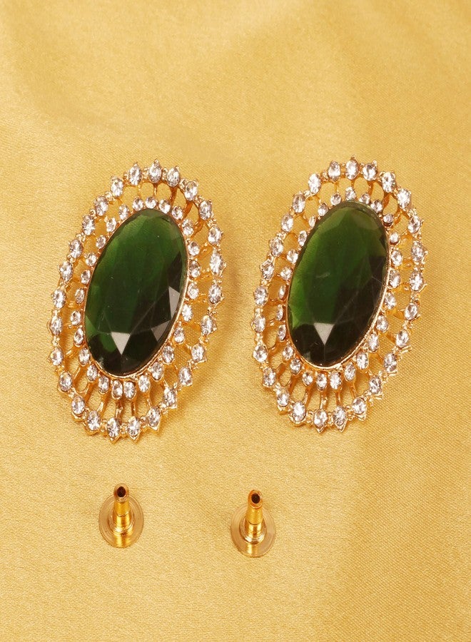 Touchstone NEW! Touchstone Indian Bollywood Illustrious Handcrafted Rhinestone Oval Faceted Large Faux Emerald Style Definition Designer Jewelry Earrings In Gold Tone For Women. - Image 3