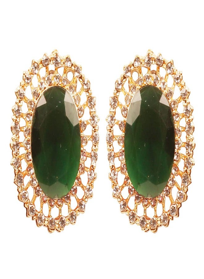 Touchstone NEW! Touchstone Indian Bollywood Illustrious Handcrafted Rhinestone Oval Faceted Large Faux Emerald Style Definition Designer Jewelry Earrings In Gold Tone For Women. - Image 1