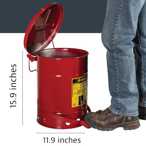 Justrite 6 Gallon Galvanized Steel Oily Waste Can, 16" x 12" Metal Oil Rag Safety Can With Foot Operated Self-Closing Lid for Oil Rag Disposal, Made in the USA, Red, 09100 - Image 2
