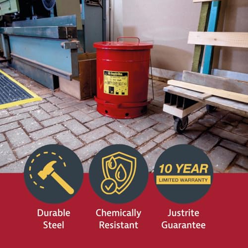 Justrite 6 Gallon Galvanized Steel Oily Waste Can, 16" x 12" Metal Oil Rag Safety Can With Foot Operated Self-Closing Lid for Oil Rag Disposal, Made in the USA, Red, 09100 - Image 3