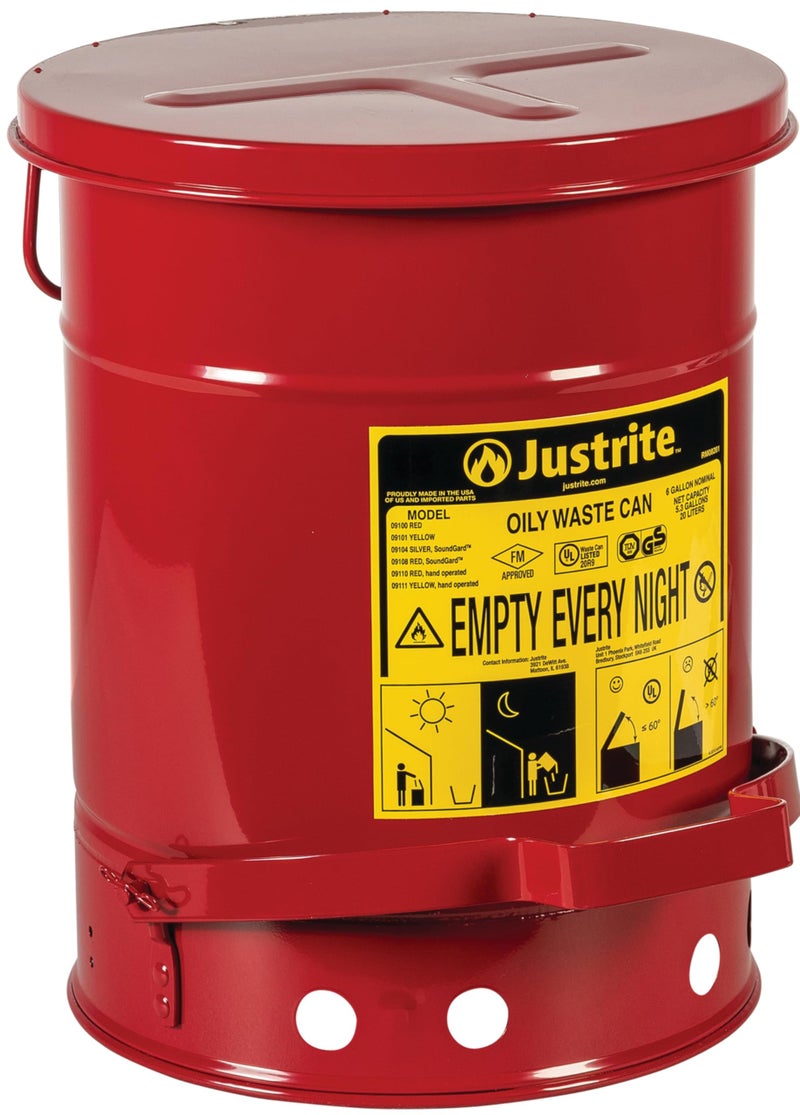 Justrite 6 Gallon Galvanized Steel Oily Waste Can, 16" x 12" Metal Oil Rag Safety Can With Foot Operated Self-Closing Lid for Oil Rag Disposal, Made in the USA, Red, 09100 - Image 1