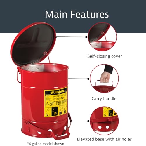 Justrite 6 Gallon Galvanized Steel Oily Waste Can, 16" x 12" Metal Oil Rag Safety Can With Foot Operated Self-Closing Lid for Oil Rag Disposal, Made in the USA, Red, 09100 - Image 4