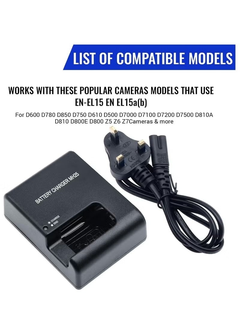 MH-25 Cameras Battery Charger for Nikon EN-EL15 EN-EL15a EN-EL15b D500 D600 D610 D750 D780 D800 D800E D810 D810A D850 D7000 D7100 D7200 D7500 Coolpix Z5 Z6 Z6 II Z6 III Z7 Z7 II Z1 Z8 V1 1V1 SLR - Image 3