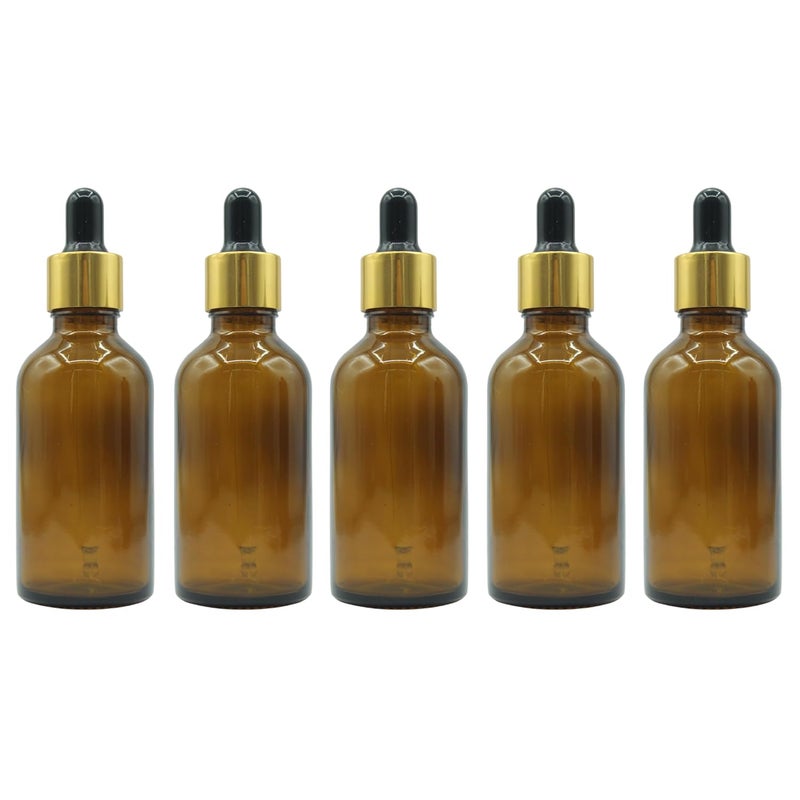 PHARCOS 50ml Amber Glass Bottle with with Gold ring, Black Silicone Teat, Dropper and Plug for Essential Oils, DIY skin care, Multipurpose Bottle for Home and Travel Purpose (Amber- 5pc- 50ml) - Image 1