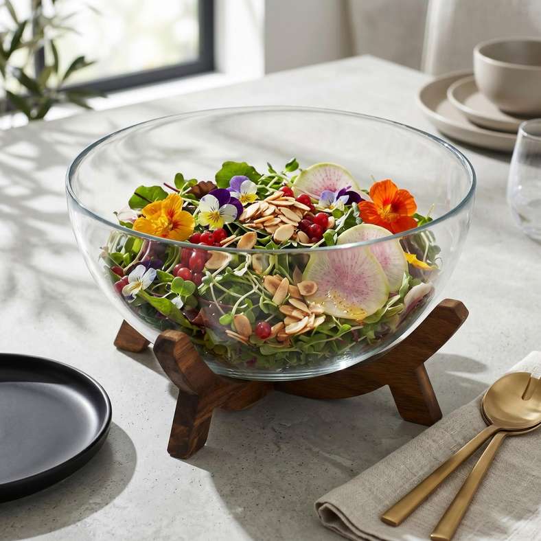 Pan Home Trellis Salad Bowl With Acacia Wooden Base 3.5L -Clear - 172ZWI9900078 - Image 1