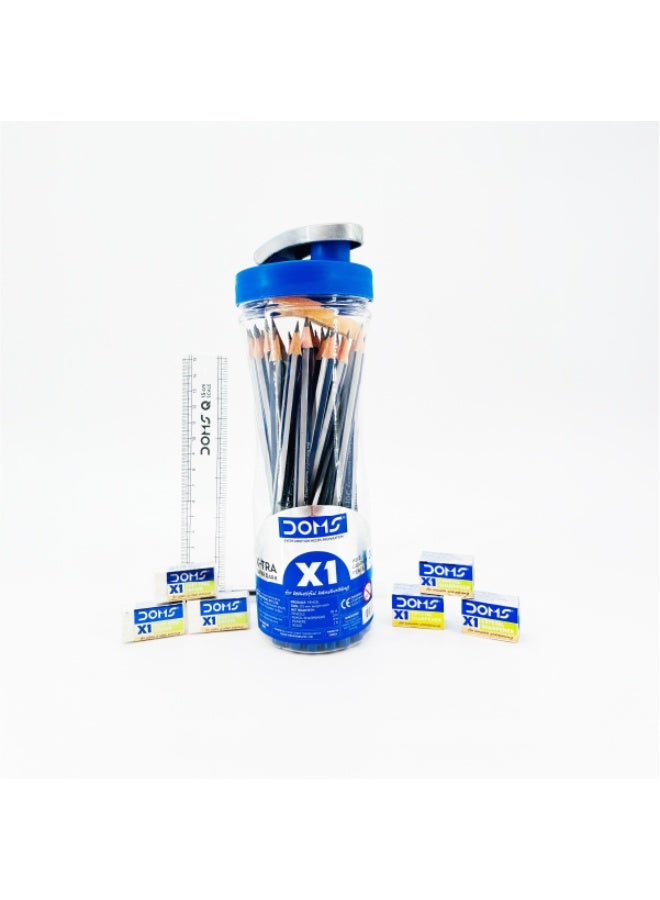DOMS X1 Super Dark HB Pencils – Pack of 30 Pencils with 3 Sharpeners, 3 Erasers & 15cm Scale – School, Office & Drawing - Image 1