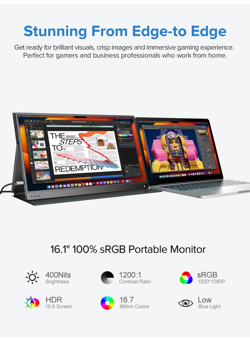 UPERFECT Portable Monitor 16.1 Inch 144 Hz Gaming Monitor 1920 × 1080 FHD IPS USB C & Mini HDMI Port Second Screen for Laptop/Phone/Game Console, VESA Mountable - Image 3