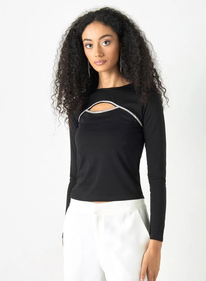 2Xtremz 2Xtremz Embellished T-shirt with Cut-Out Detail and Long Sleeves