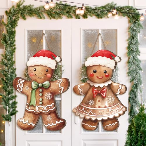 Shellwei 2 Pcs Gingerbread Christmas Decorations Christmas Wreath for Front Door Gingerbread Man Hanging Signs Rustic Wooden Welcome Signs Ginger Bread Decor for Home Porch Walls Yard Indoor Outdoor - Image 1