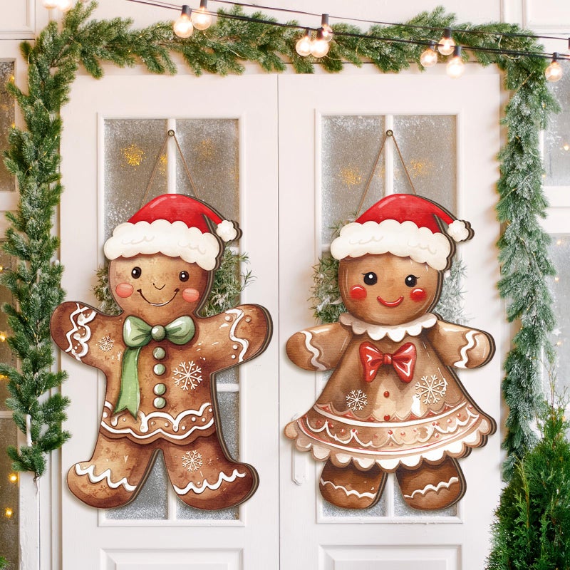 Shellwei 2 Pcs Gingerbread Christmas Decorations Christmas Wreath for Front Door Gingerbread Man Hanging Signs Rustic Wooden Welcome Signs Ginger Bread Decor for Home Porch Walls Yard Indoor Outdoor - Image 2