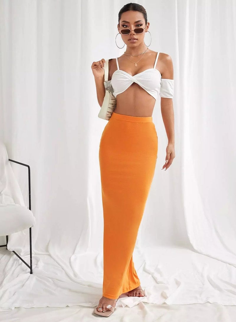 Solid Bodycon Longline Skirt  - Image 5