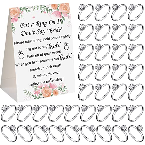 Woanger Put a Ring on It Bridal Shower Game with 50 Fake Rings, Rustic Greenery Theme Wedding Shower Games Wedding and Engagement Rings and Not Say Bride Rules Cards(Flowers,Silver) - Image 1