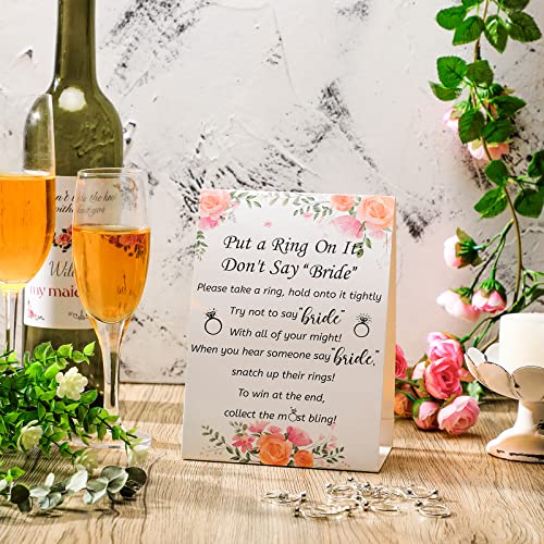 Woanger Put a Ring on It Bridal Shower Game with 50 Fake Rings, Rustic Greenery Theme Wedding Shower Games Wedding and Engagement Rings and Not Say Bride Rules Cards(Flowers,Silver) - Image 3
