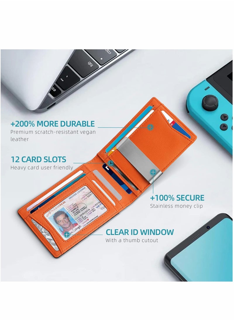 KASTWAVE Wallet for Men Slim Larger Capacity with 12 Slots RFID Blocking Men's Minimalist Money Pocket Bifold Leather ID Window Gift Box  - Image 2