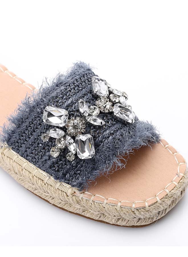 DejaVu Crystal Fringe Espadrille Slide - Navy Blue - Image 4