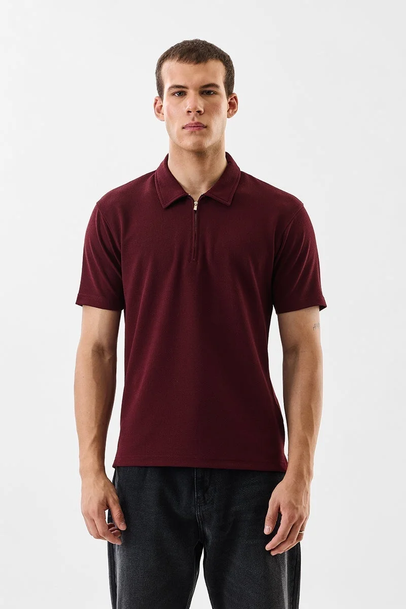 SNITCH Regular Fit Textured  Zipper Polo T-Shirt