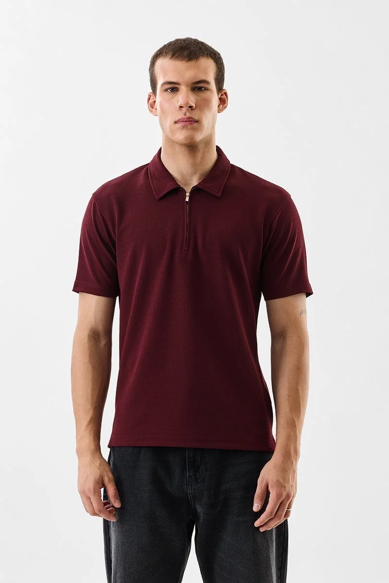 SNITCH Regular Fit Textured  Zipper Polo T-Shirt