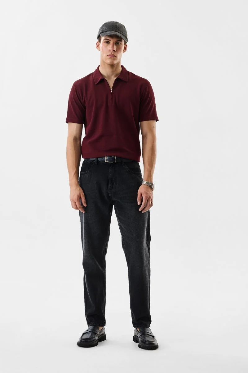 SNITCH Regular Fit Textured  Zipper Polo T-Shirt