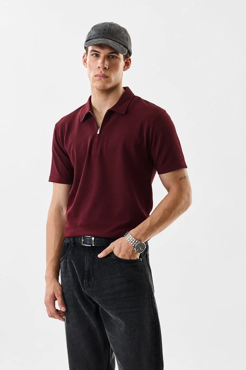 SNITCH Regular Fit Textured  Zipper Polo T-Shirt