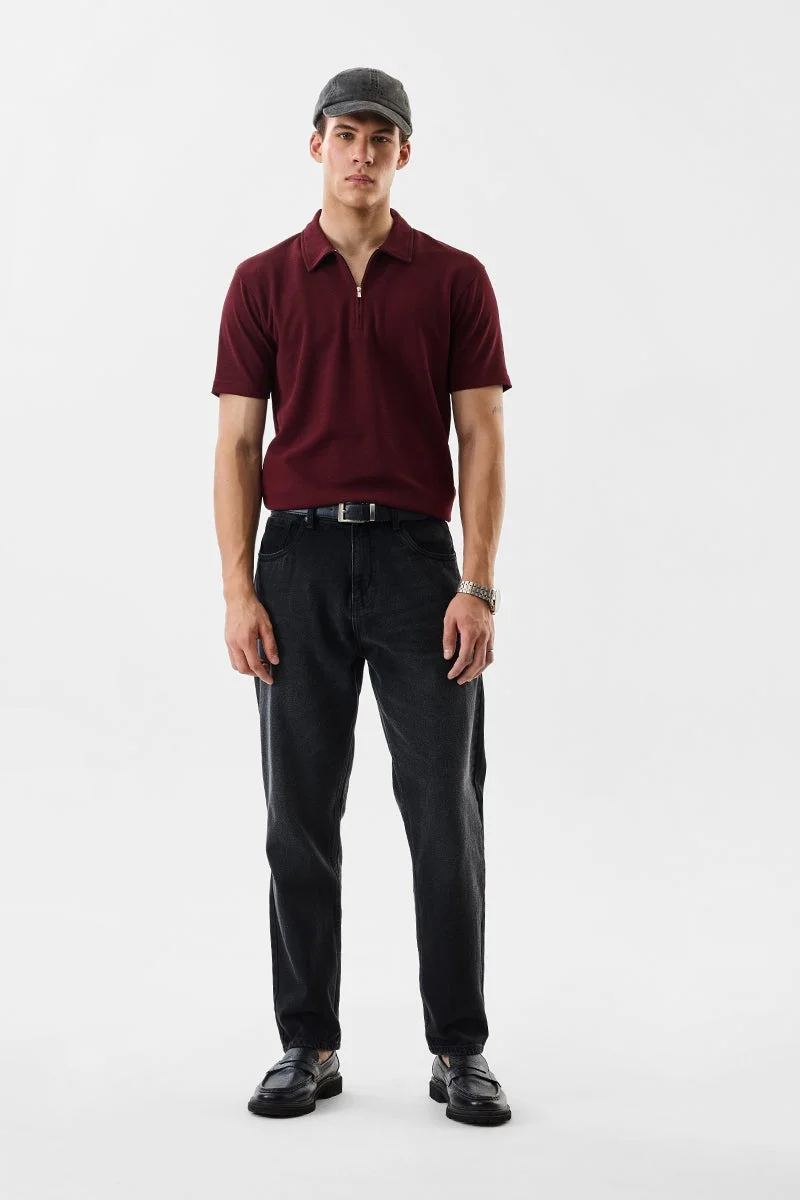 SNITCH Regular Fit Textured  Zipper Polo T-Shirt