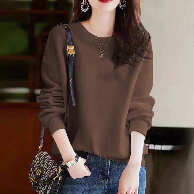 Heavy-weight Chinese Cotton Crewneck Sweatshirt Womens Autumn and Winter Thickened Korean Style Fashionable Slimming Couples fleece-lined Top for Men and Women Coffee