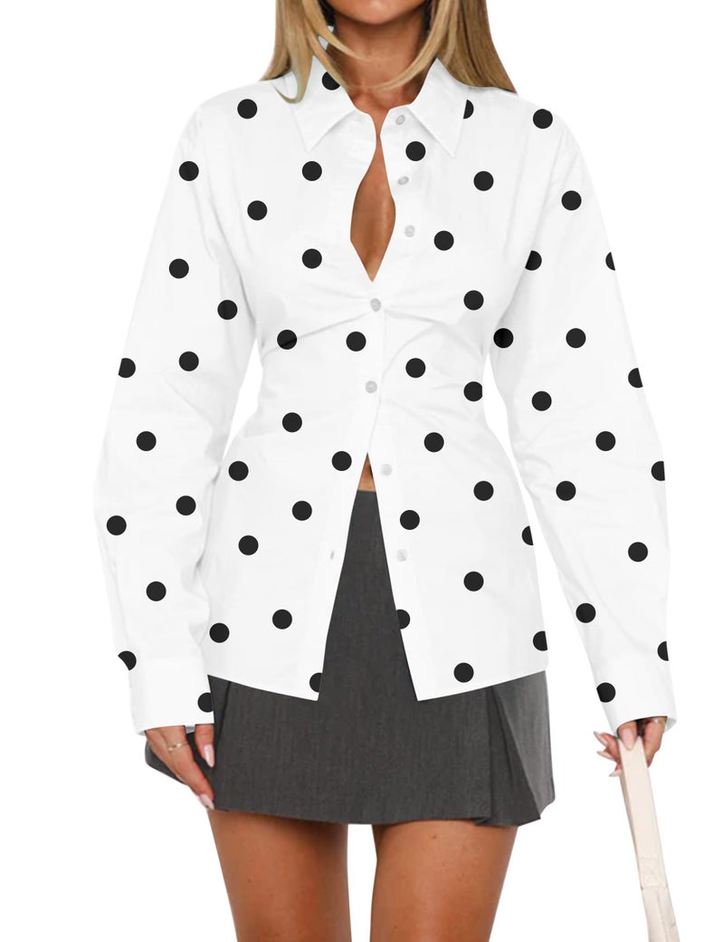 HOCANDY Women Polka Dot Blouse Cinched Waist Tie Back Corset Blouses Long Sleeve Button Down Shirts Lapel Collar Tunic Shirt - Image 1