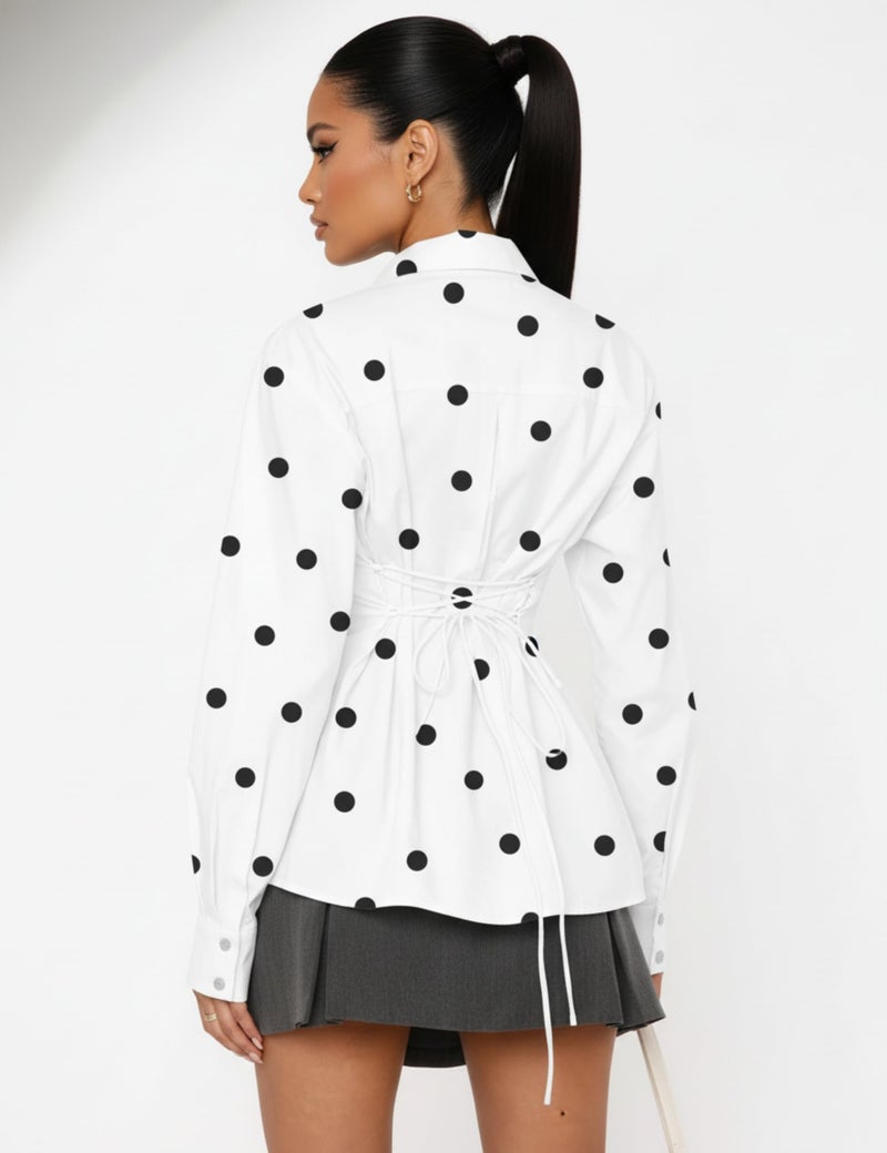 HOCANDY Women Polka Dot Blouse Cinched Waist Tie Back Corset Blouses Long Sleeve Button Down Shirts Lapel Collar Tunic Shirt - Image 3